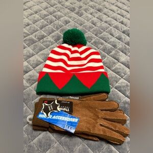 3M Thinsulate Brown Gloves with Red and Green Striped Beanie